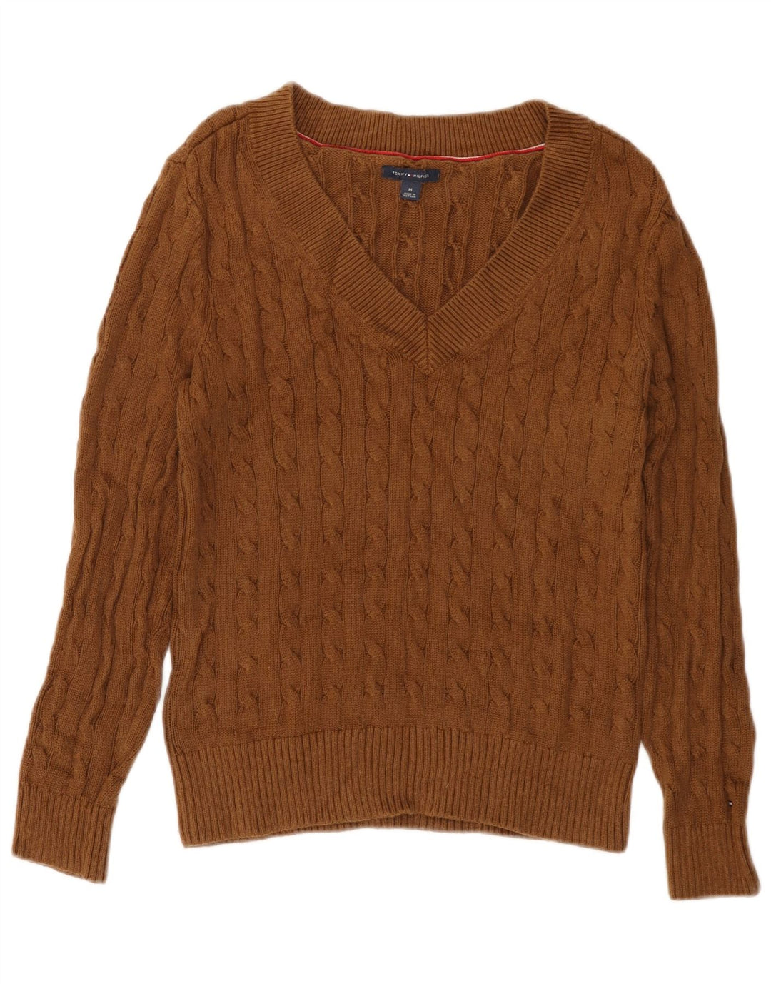 TOMMY HILFIGER Womens V-Neck Jumper Sweater UK 12 Medium Brown Cotton