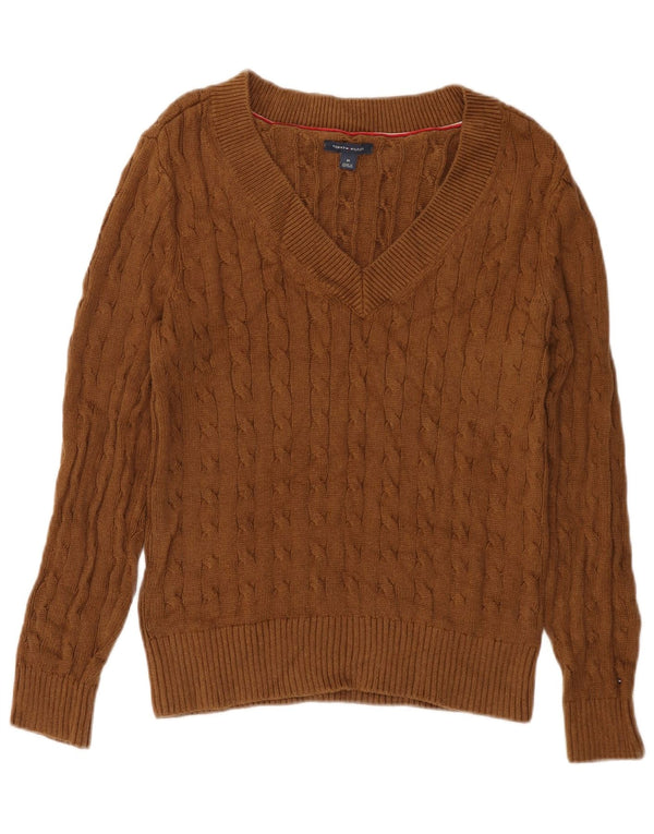 TOMMY HILFIGER Womens V-Neck Jumper Sweater UK 12 Medium Brown Cotton