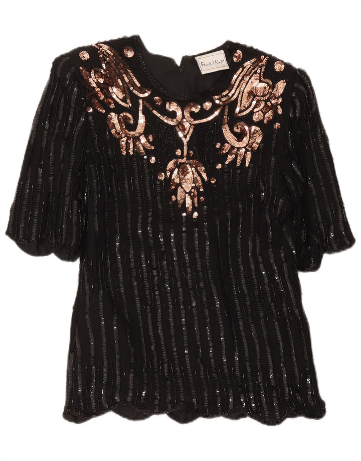 Frank Usher Womens Evening Blouse Top UK 10 Small Black Paisley Silk