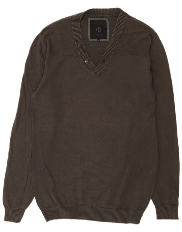 Jack & Jones Mens V-Neck Jumper Sweater Large Grey Cotton