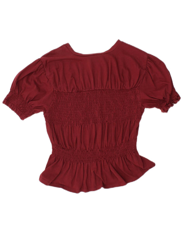 TOPSHOP Womens Crop Blouse Top UK 10 Small Burgundy Cotton