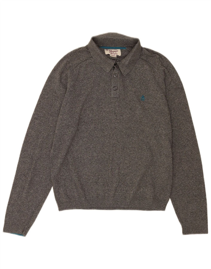Penguin Mens Polo Neck Jumper Sweater Medium Grey Flecked Cotton