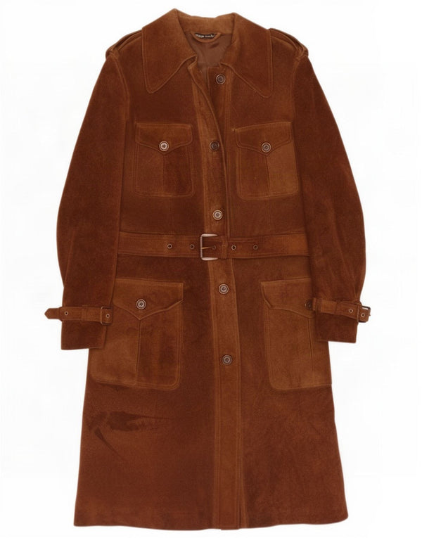 Vintage Womens Military Suede Overcoat UK 10 Small Brown