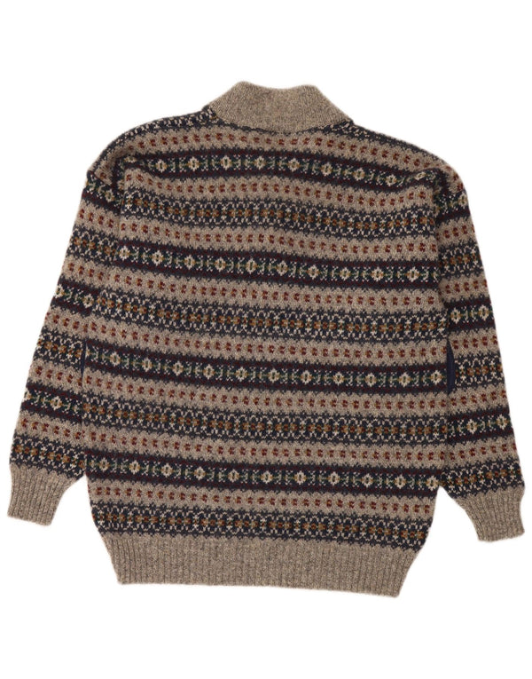 Highland Glen Mens Button Neck Jumper Sweater Medium Grey Fair Isle Wool