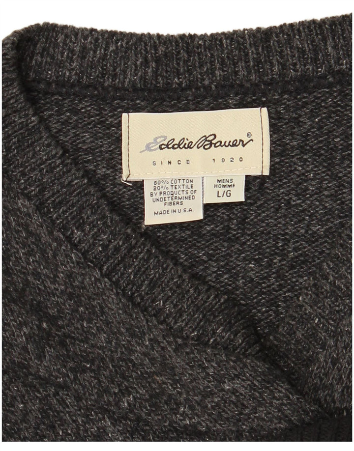 EDDIE BAUER Mens V-Neck Jumper Sweater Large Grey Colourblock Cotton