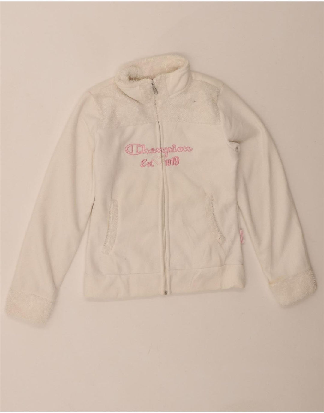 CHAMPION Girls Graphic Fleece Jacket 11-12 Years White Polyester