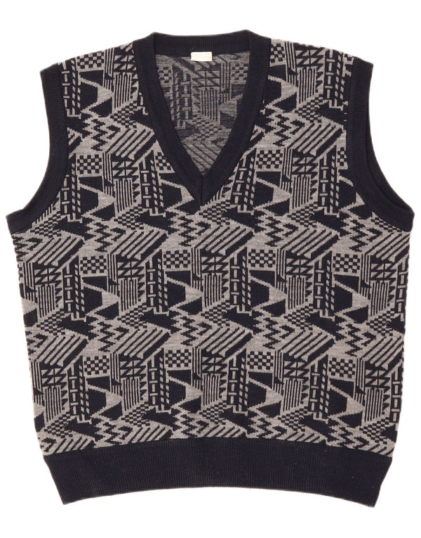 VINTAGE Mens Vest Tank Top Large Navy Blue Geometric