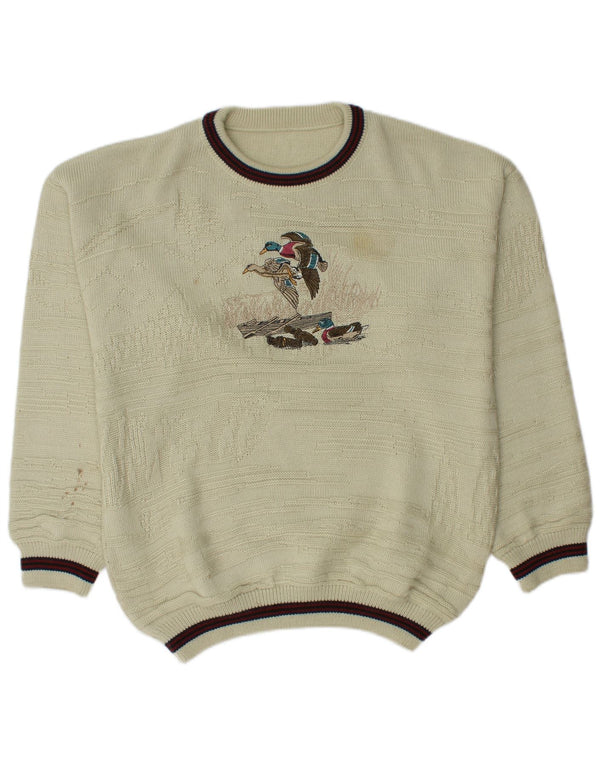 Vintage Mens Graphic Crew Neck Jumper Sweater UK 46/48 2XL Beige Acrylic