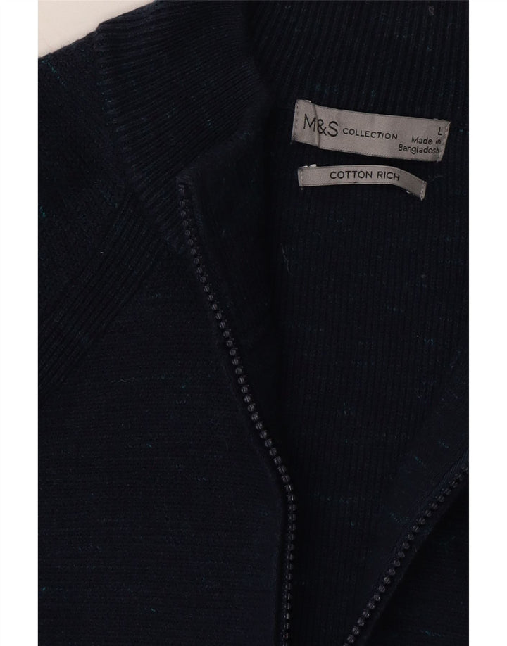 MARKS & SPENCER Mens Zip Neck Jumper Sweater Large Navy Blue Flecked Vintage Marks & Spencer and Second-Hand Marks & Spencer from Messina Hembry 