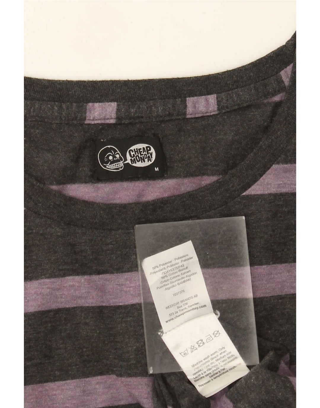 Cheap Monday Mens T-Shirt Top Medium Grey Striped Polyester