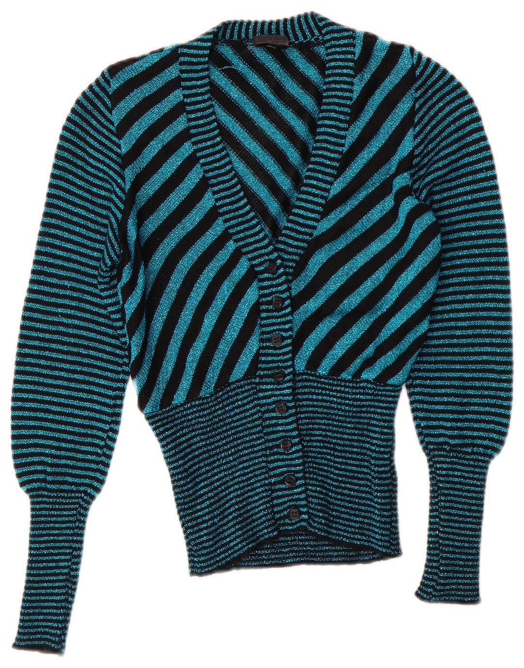 Vintage Womens V-Neck Cardigan Sweater UK 6 XS Turquoise Striped