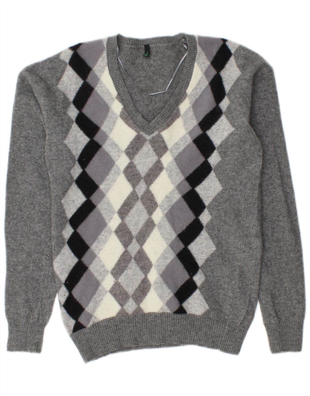 BENETTON Womens V-Neck Jumper Sweater UK 10 Small Grey Argyle/Diamond Wool