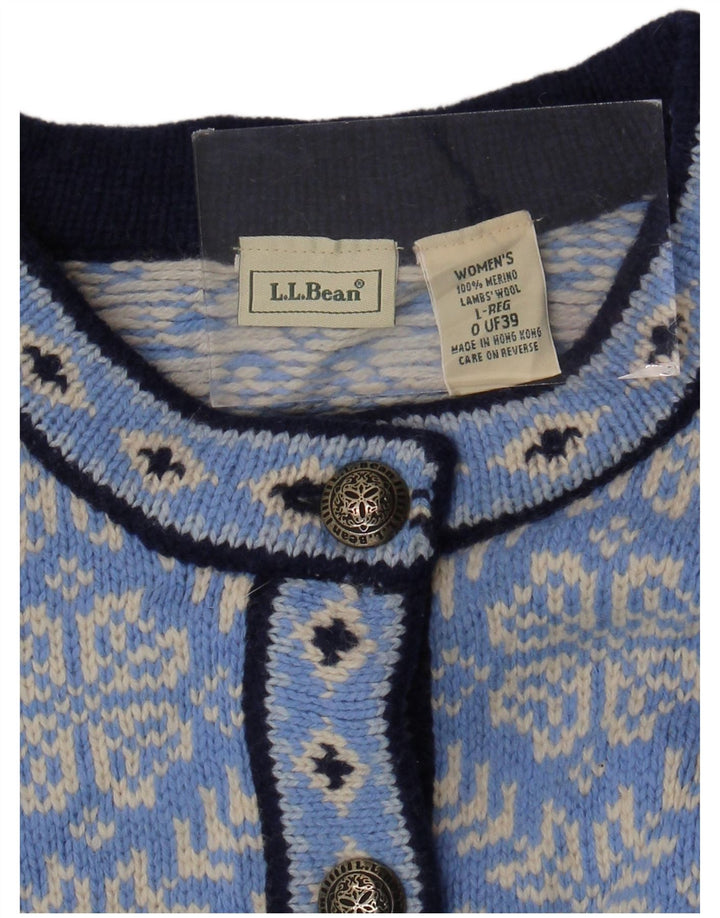 L.L.BEAN Womens Cardigan Sweater UK 16 Large Blue Fair Isle Merino Wool