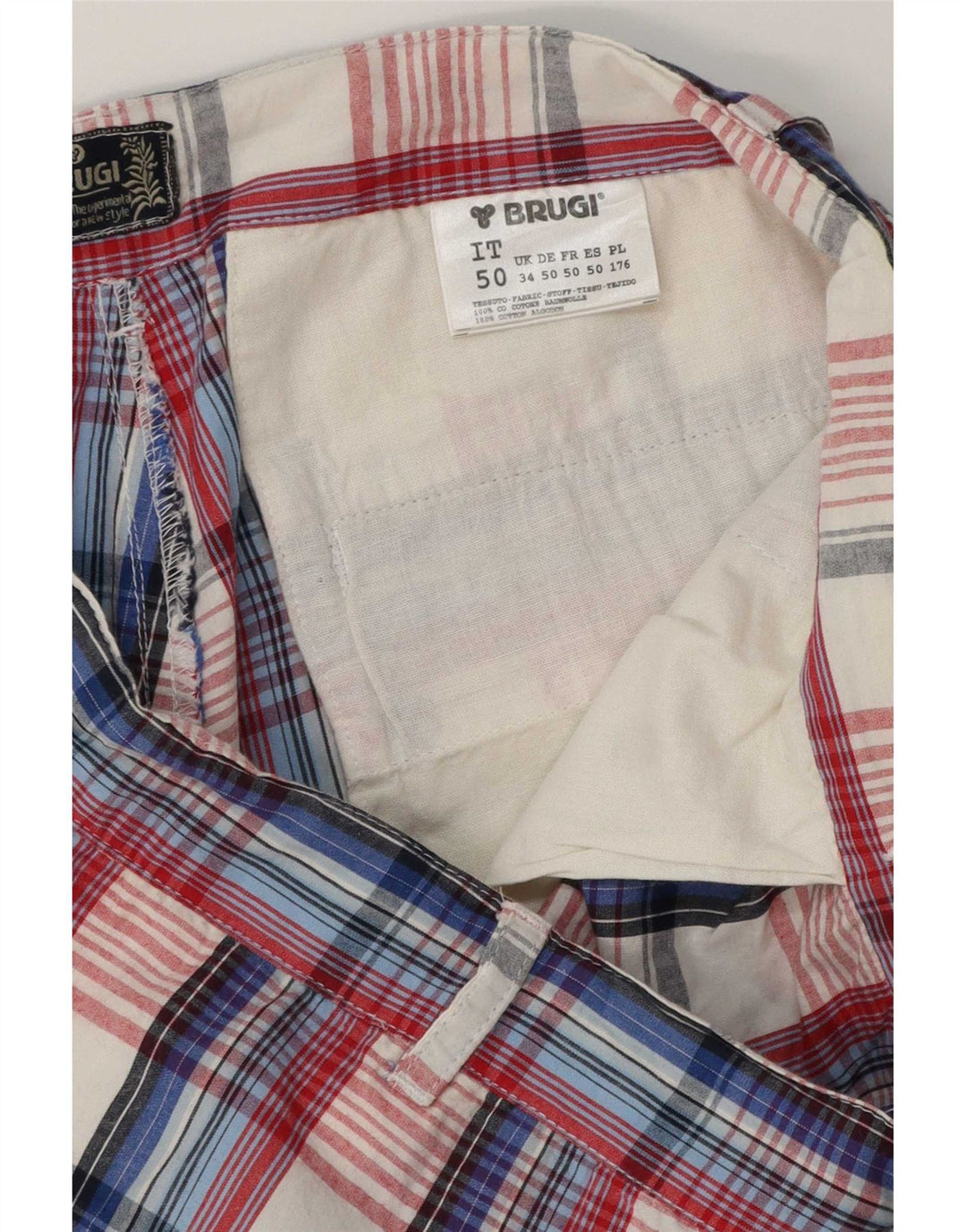 Brugi Mens Cargo Shorts Large W34 Blue Plaid Cotton