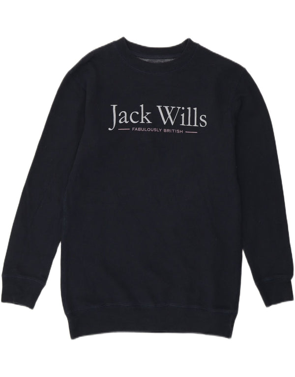 Jack Wills Womens Graphic Sweatshirt Jumper UK 8 Small Navy Blue Cotton