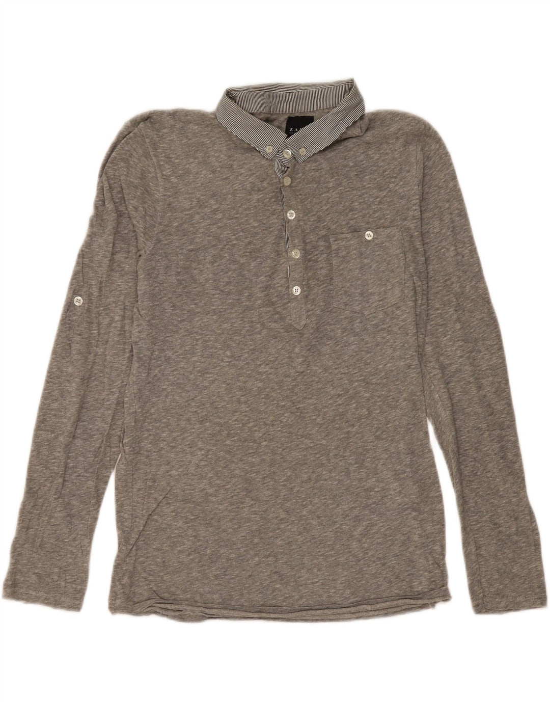 Zara Mens Long Sleeve Polo Shirt Medium Grey Flecked