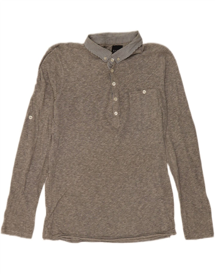Zara Mens Long Sleeve Polo Shirt Medium Grey Flecked