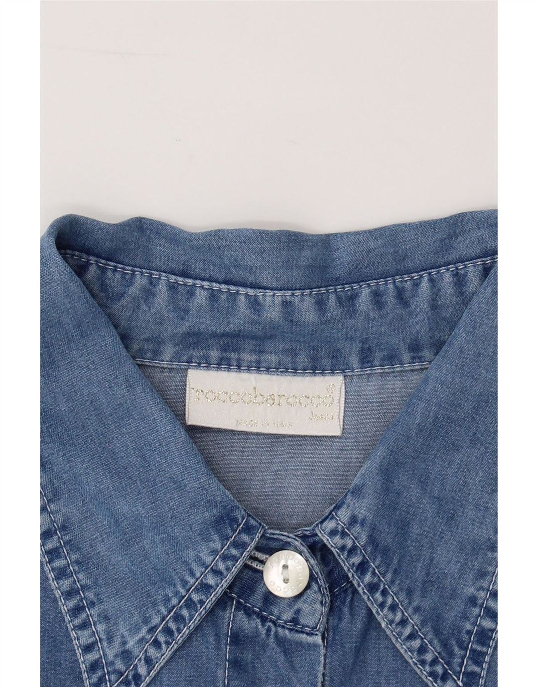 ROCCOBAROCCO Womens Short Sleeve Denim Shirt UK 12 Medium Blue Vintage Roccobarocco and Second-Hand Roccobarocco from Messina Hembry 